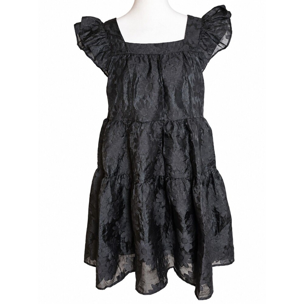 Entro Black Floral Jacquard Babydoll Mini Dress Medium Romantic Coquette
